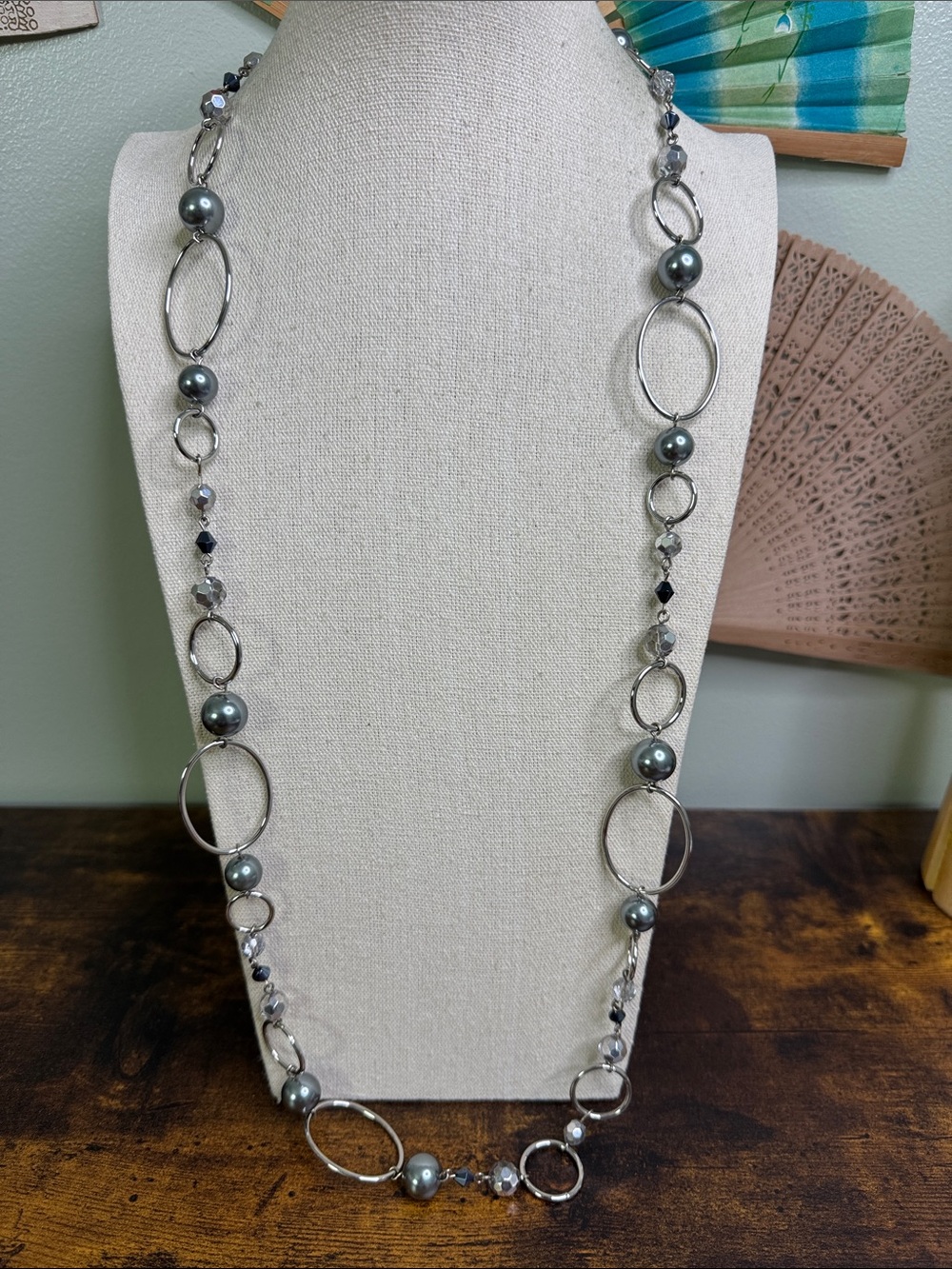 Lia Sophia Silver-Link ALPINE Necklace with Gray Pearlescent Beads and Crystal